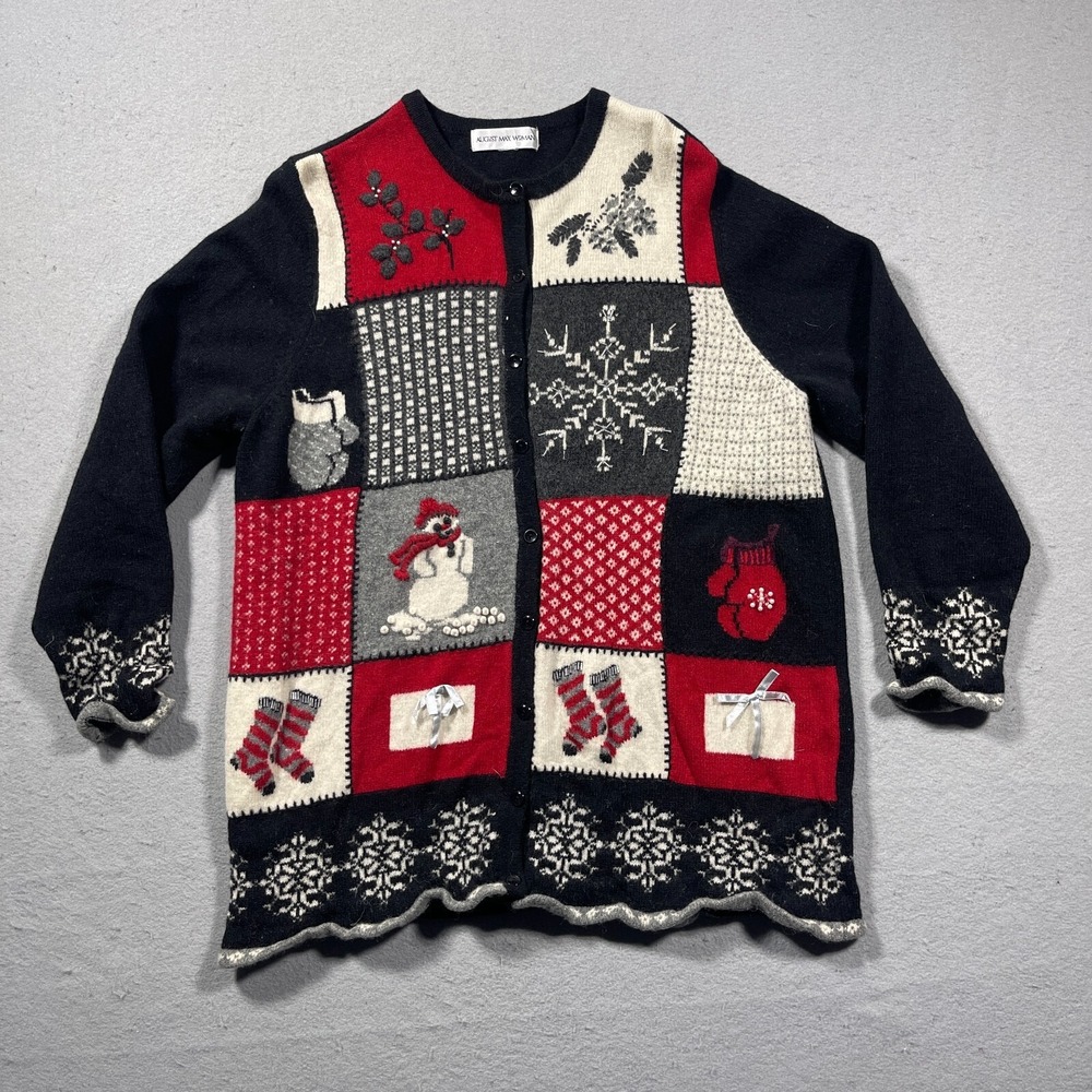 August Max Woman Cardigan Women XL Relaxed Holiday Red Black White VTG Lambswool
